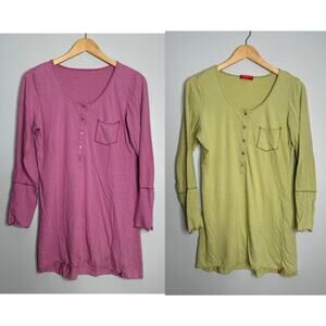 Josie by Natori Henley Tunic Women M Pink Green EUC Striped Cotton Sleep Top 2PK
